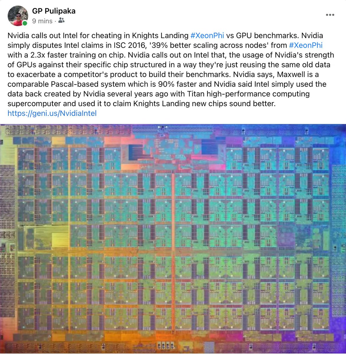 gp_pulipaka's tweet photo. Nvidia Calls Out Intel for Cheating in Knights Landing #XeonPhi. #BigData #Analytics #DataScience #AI #MachineLearning #IoT #IIoT #Python #RStats #TensorFlow #JavaScript #ReactJS #CloudComputing #Serverless #Linux #Programming #Coding #100DaysofCode   
https://t.co/s8QwpL7yEB https://t.co/tGwJZrNUbx