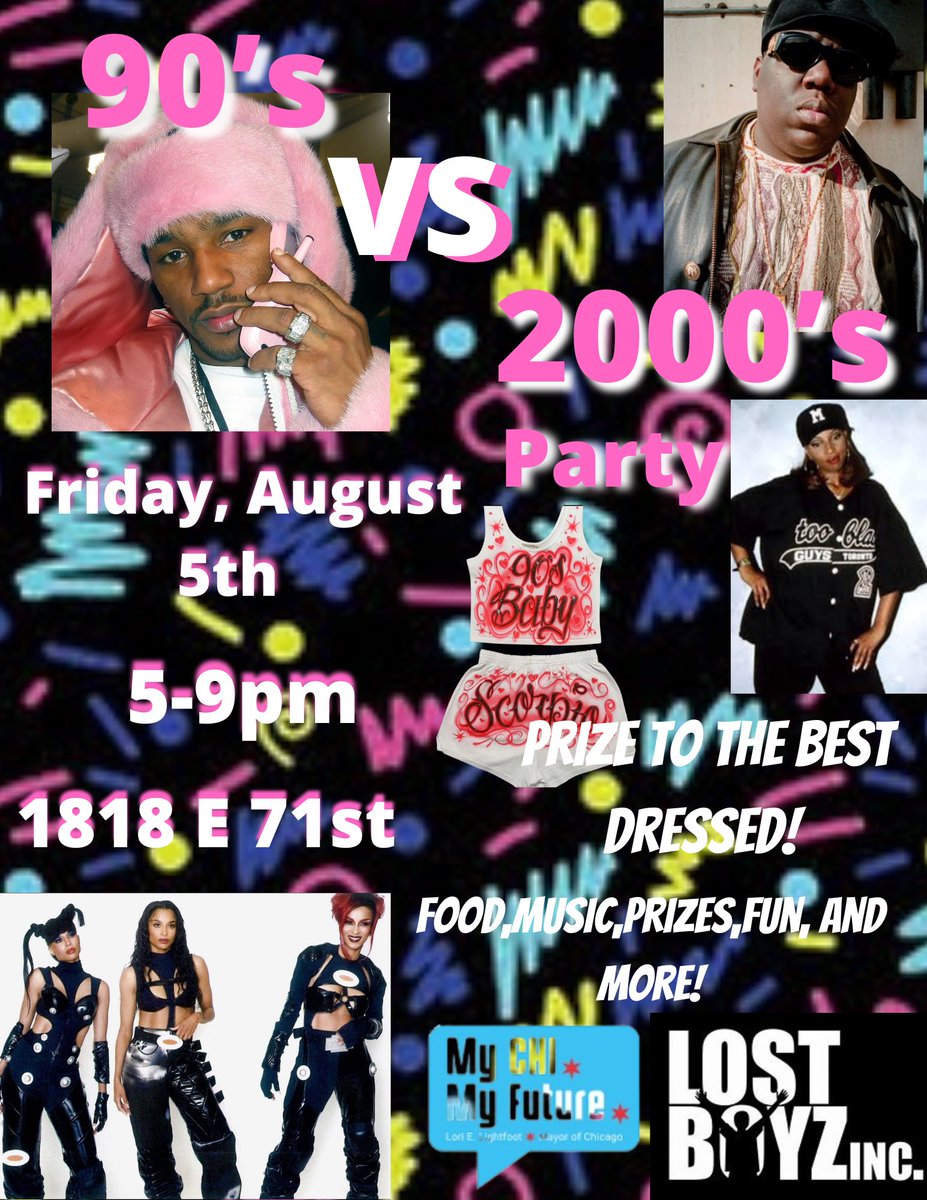 LostBoyzInc's tweet photo. Let’s take it back one time! Join us‼️TOMORROW‼️ for a 90’s VS 2000’s party. From 5-9PM @1818 E 71st!! Put on your best 90’s or 2000’s fit and come out and have fun! 🚨Prize for the best dressed🚨 #mcmf #nonprofit #chicago #90sparty #2000sparty #Lostboyz https://t.co/Vjw1Yy7FSE