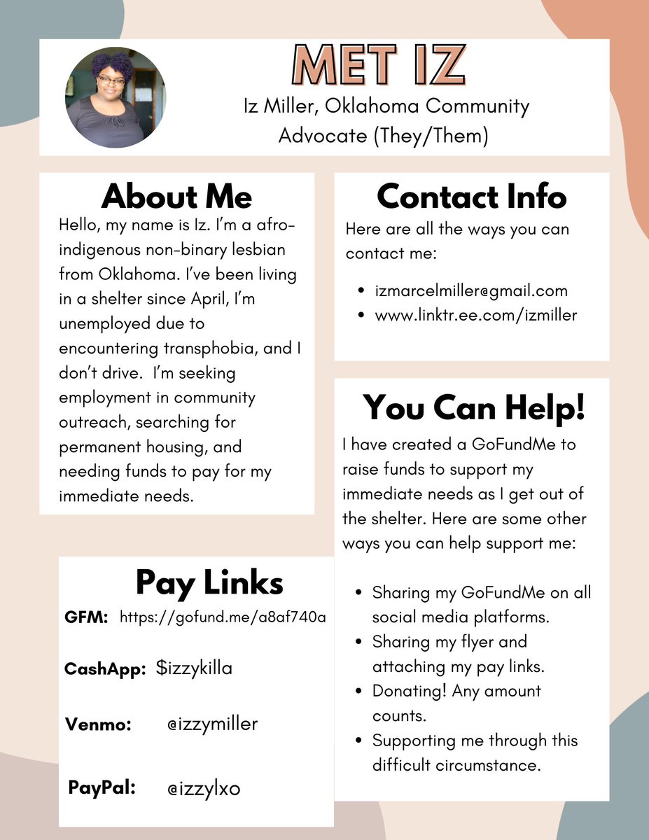 marcellorde's tweet photo. #blackmutualaid #BlackLivesMatter #supportqueerpeople
I’m a Black-Indigenous Non-binary Lesbian from Oklahoma. I’m unhoused, unemployed, and don’t drive. I’m staying in a shelter and need funds to support my immediate needs.
https://t.co/91d2qcTDbG…
https://t.co/LtWydx1JGQ https://t.co/HldSZWpr3N