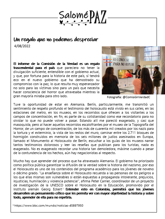 SalomePazCol's tweet photo. Lectura dolorosa pero necesaria, el informe de la @ComisionVerdadC Mis reflexiones al respecto👇 Agradezco lectura,comentarios y RT. https://t.co/fGjvsbLwHa @DeCurreaLugo    @cielo_rusinque @RSilvaRomero @olgabehar1  @ElianaTamayoM @frenteal_espejo @mintavillalba @fresameli https://t.co/6vj3I9atAp