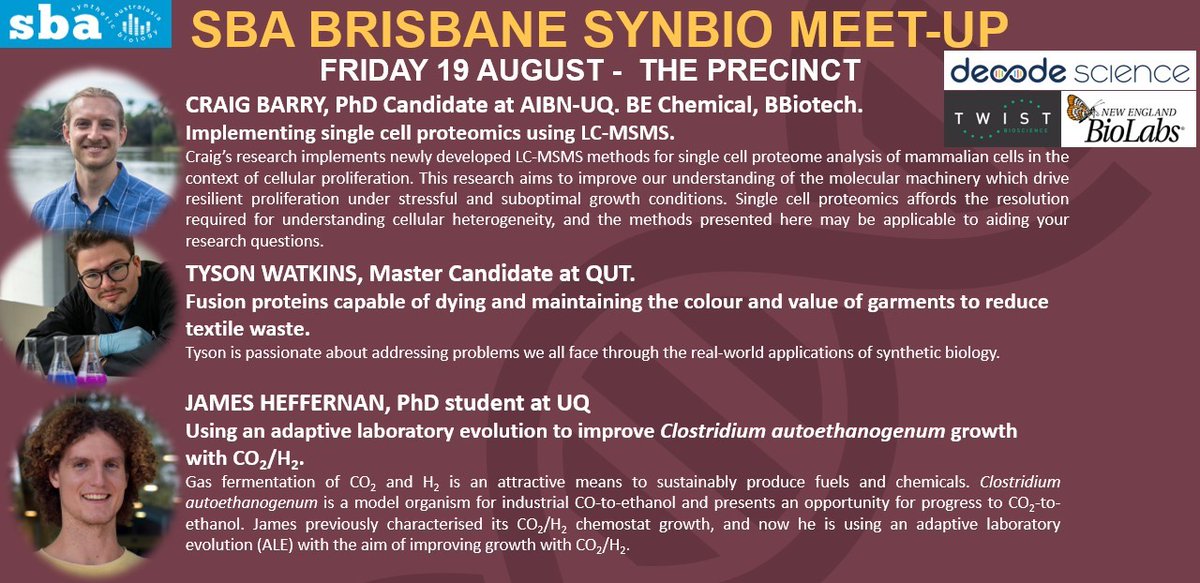 Hi Folks! Our next SBA seminar is happening on Friday, August 19th. You will get the opportunity to broaden your horizons by discussing topics of interest with three outstanding HDR students: Craig Barry, Tyson Watkins, and James Heffernan. Register here: eventbrite.com/e/sba-brisbane…