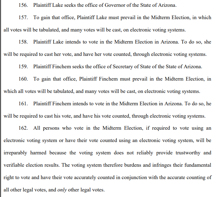 IRONY ALERT "The voting system does not reliably provide trustworthy and verifiable election results": <a href="/KariLake/">Kari Lake</a> &amp; <a href="/RealMarkFinchem/">Senator Mark Finchem</a> have pending lawsuit in Federal Court to throw out the machines that counted the ballots that delivered them to victory. #AZGOV