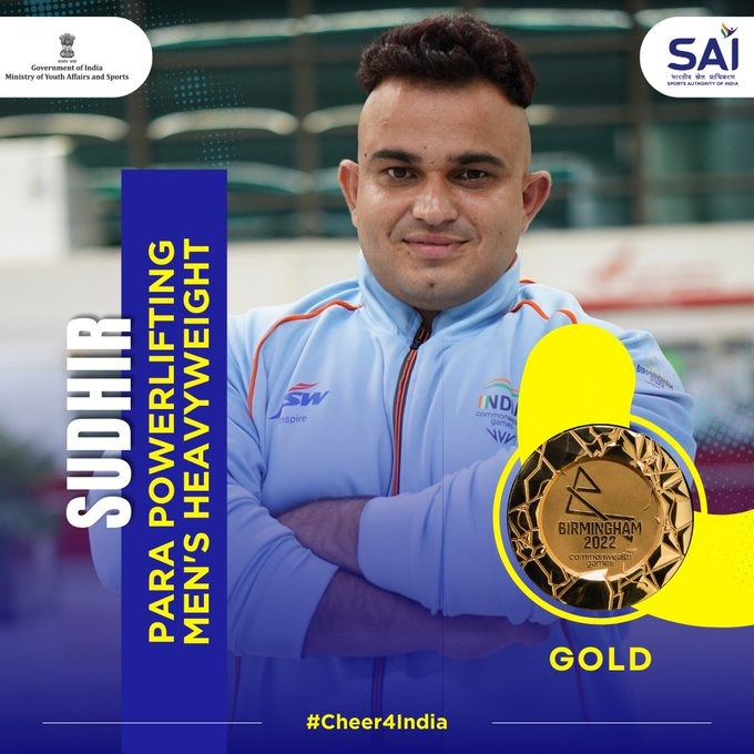 NaveenGoyal4GGM's tweet photo. #CWG2022 की पैरा-पावरलिफ्टिंग प्रतिस्पर्धा में हरियाणा के बेटे सुधीर ने स्वर्ण पदक जीतकर देश का नाम विश्व पटल पर प्रदीप्त किया है।

इस ऐतिहासिक विजय पर असीम शुभकामनाएं। https://t.co/4ctAgMyxW4
