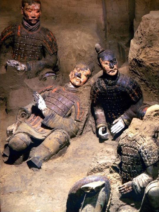asIiceofhistory's tweet photo. This 1974 photograph shows the true colours of the freshly unearthed Terracotta Warriors, before rapid deterioration due to environmental exposures. https://t.co/jeSTsgU0Uk