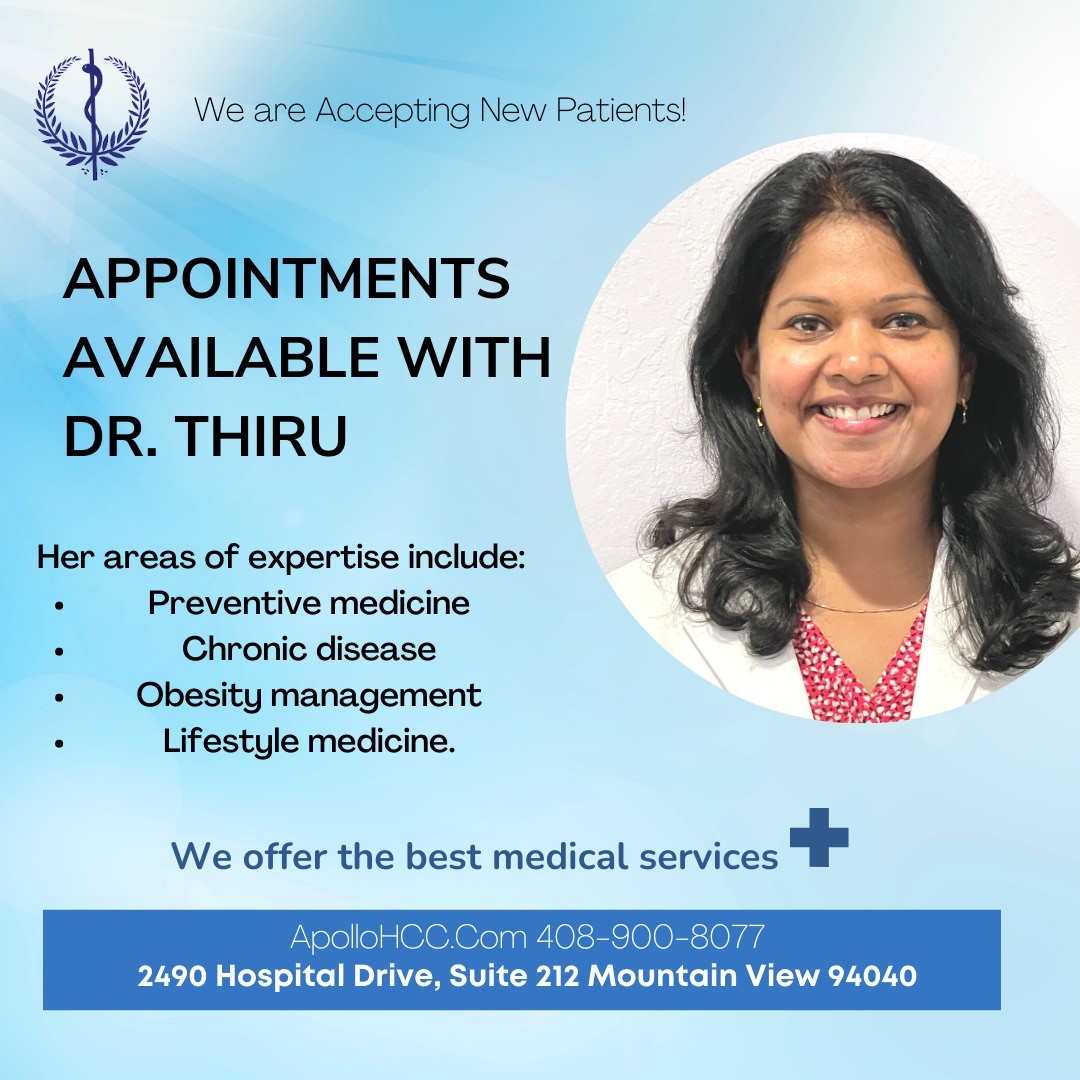ApolloHCC's tweet photo. Good news! 

We are accepting new patients. Call us to make an appointment with  our new physician, Dr. Thiru,  at our new Mountain View location. https://t.co/Tv0uHxlCLI