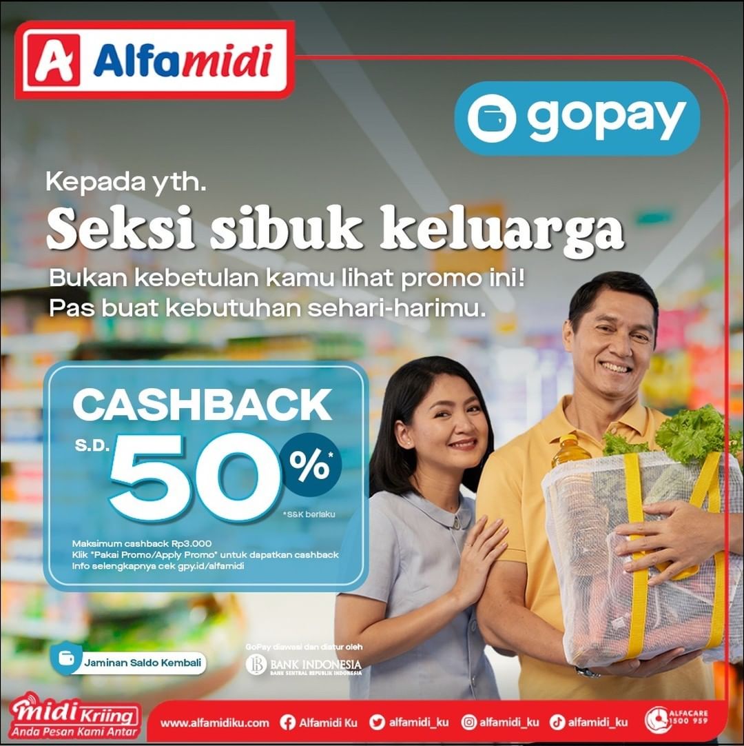 alfamidi_ku's tweet photo. CASHBACK hingga 50% belanja dengan GOPAY di Alfamidi.
Bukan kebetulan kamu lihat promo ini nih! Karena, passs buat kebutuhan sehari-harimu.
Belanja hemat dengan Gopay di Alfamidi!
#AyokeAlfamidi #PromoGopay #GopayCashback #Gopaypromo https://t.co/94UrQJka7K