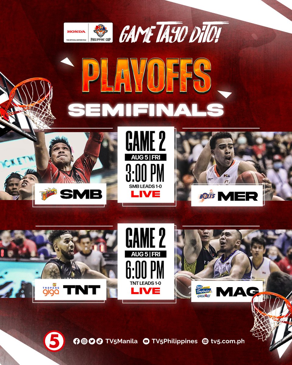 TV5manila's tweet photo. Can Magnolia and Meralco make things even against TNT and San Miguel ngayong Game 2 ng kanilang respective semifinals series?
Catch the games LIVE starting 3:00 p.m. on TV5
#PBAGameTayoDito #IBAsa5 https://t.co/DLu39pOwgB