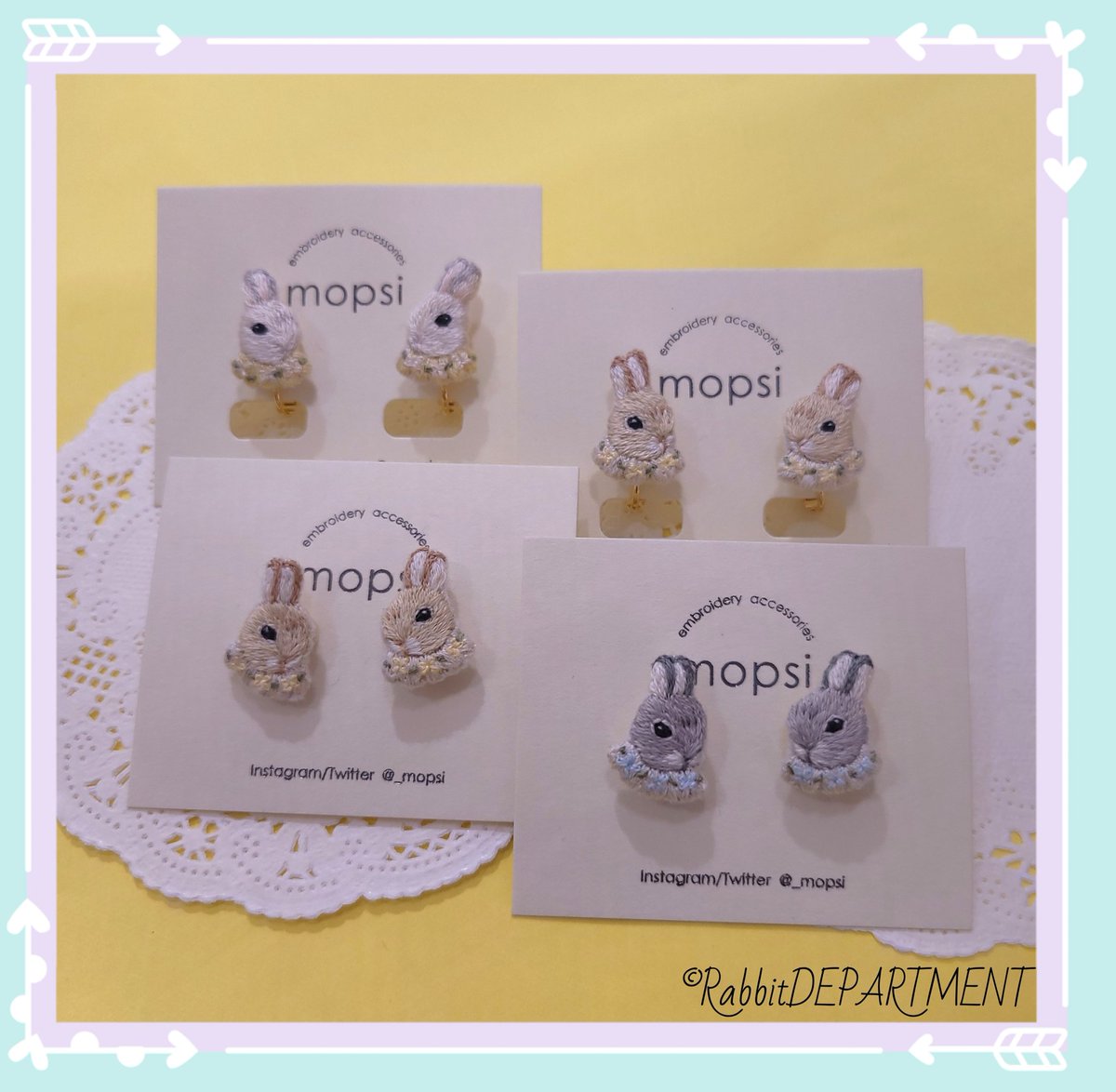 RabbitDEPARTME's tweet photo. 新宿店です🐰
【ハイカラうさぎさんのお洒落展】
開催中🐰🍀 〜8/7(sun)
#mopsi さんの細かな刺繍🪡の可愛いうさぎさんのピアス&イヤリングがおすすめです✨
付けるだけで癒されちゃいますね🐰🎶
是非お手に取ってご覧下さい🐰
#ラビットデパートメント
#ハンドメイド
#新宿マルイアネックス https://t.co/H4tQh4WAE9
