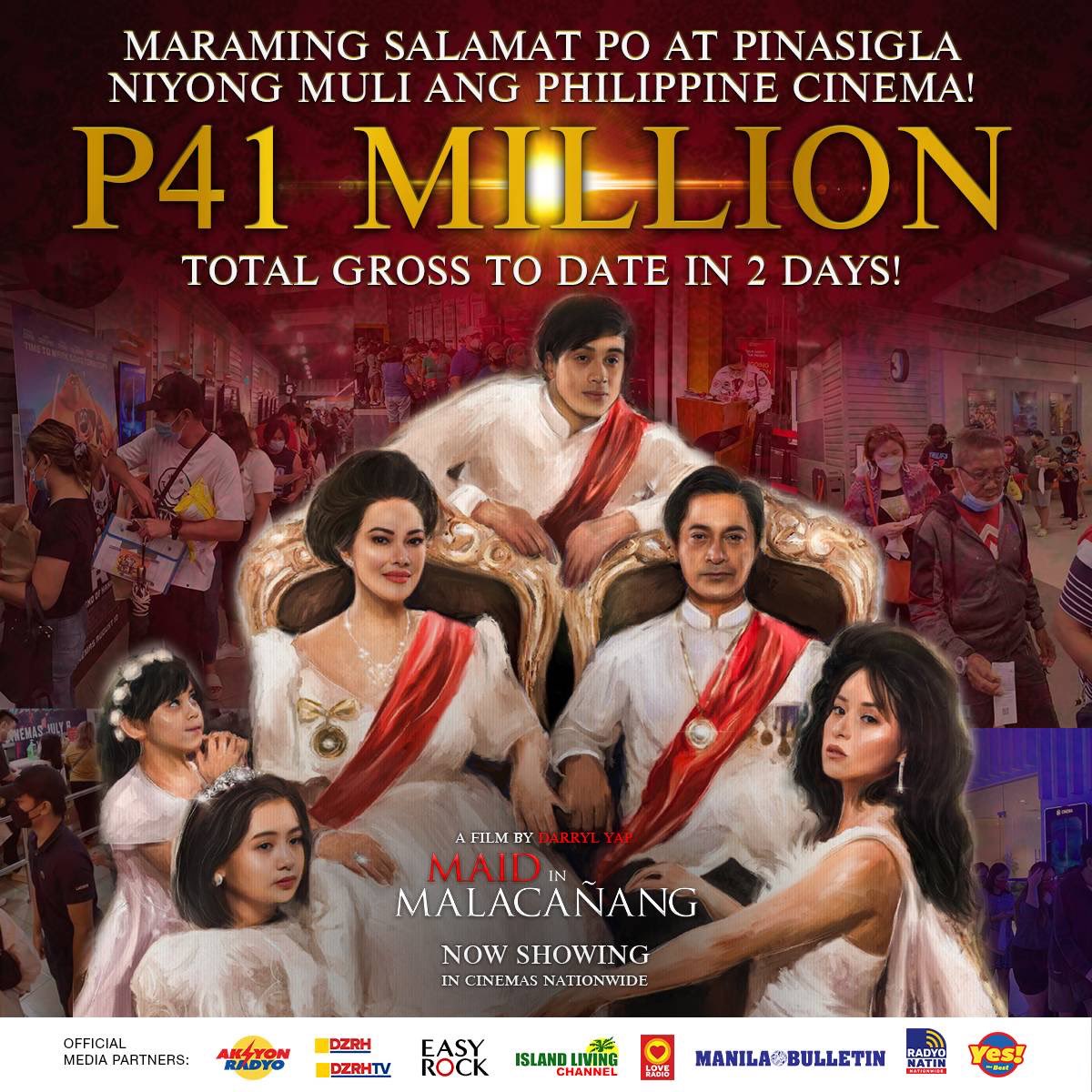 iloveruffag's tweet photo. P41 Million Total Gross To Date In 2 Days! 🎉🎬❤️🥳

Maraming salamat po sa lahat ng moviegoers who made this amazing feat possible!! ❤️
After the difficulties we experienced during the pandemic, Philippine Cinema is back! 🙌🏻💃🏼
#MiMDay3Showing here we come! 
#MaidInMalacañang https://t.co/i5Ns9RSOm3