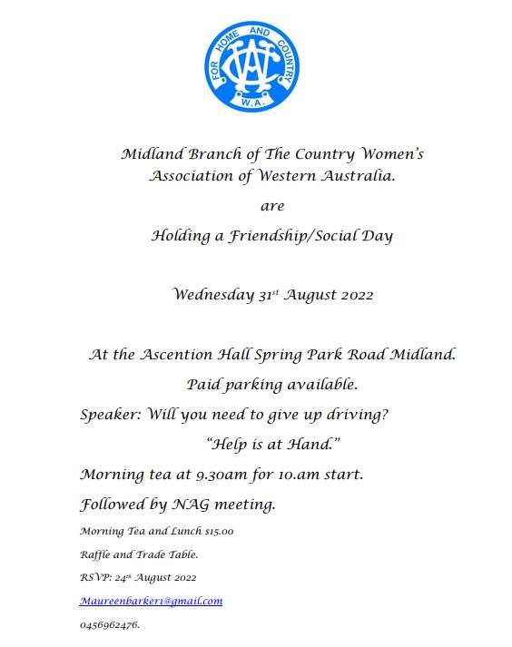 CWAofWA's tweet photo. The wonderful ladies at our Midland Branch will be holding a Friendship/Social Day!
When: 31st of August 2022
Where: Ascention Hall, Spring Park Road, Midland
Cost: $15.00 (this is for morning tea and lunch)
RSVP Due: 24th August 2022
RSVP To: Maureen Barker
#cwaofwa #friendship https://t.co/kMkR5wtYTK