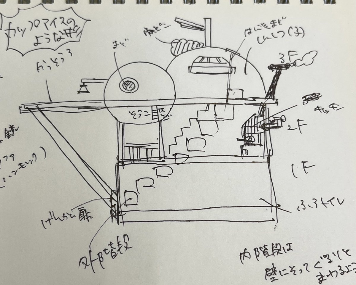 建築デザイン楽しくなってきちゃってるの図。字が汚すぎるしひらがなすぎるw 