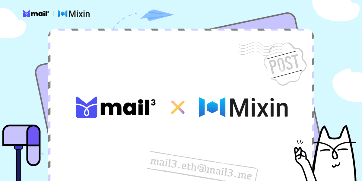 mail3dao's tweet photo. Announce partnership with @Mixin_Network🥳

🏆25 Mail3 NFT &amp; 5*0.1$XIN（$180) giveaway

✅ Follow @Mixin_Network @mail3dao
✅ RT
✅ Drop your Mixin ID, register 👉 https://t.co/7WZpTh1rh5
✅ Drop your Mail3 Address, claim 👉 https://t.co/kjeFmp1bEy

⏳ Ends 6th 23:59 pm UTC https://t.co/n1uQPwSDbs