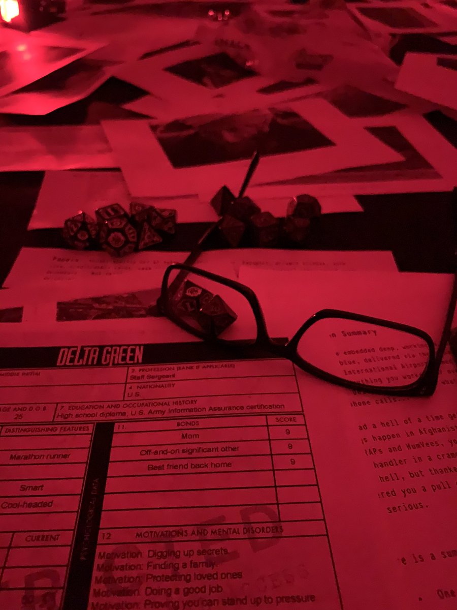 The first night of <a href="/Gen_Con/">Gen Con</a> was a 6 hour @DeltaGreenRPG session playing through Kali Ghati. It was a mountain of handouts, situational lighting, and an epic disaster of a operation (with a debatable level of success). After months of GMing, this was exactly the break I needed.