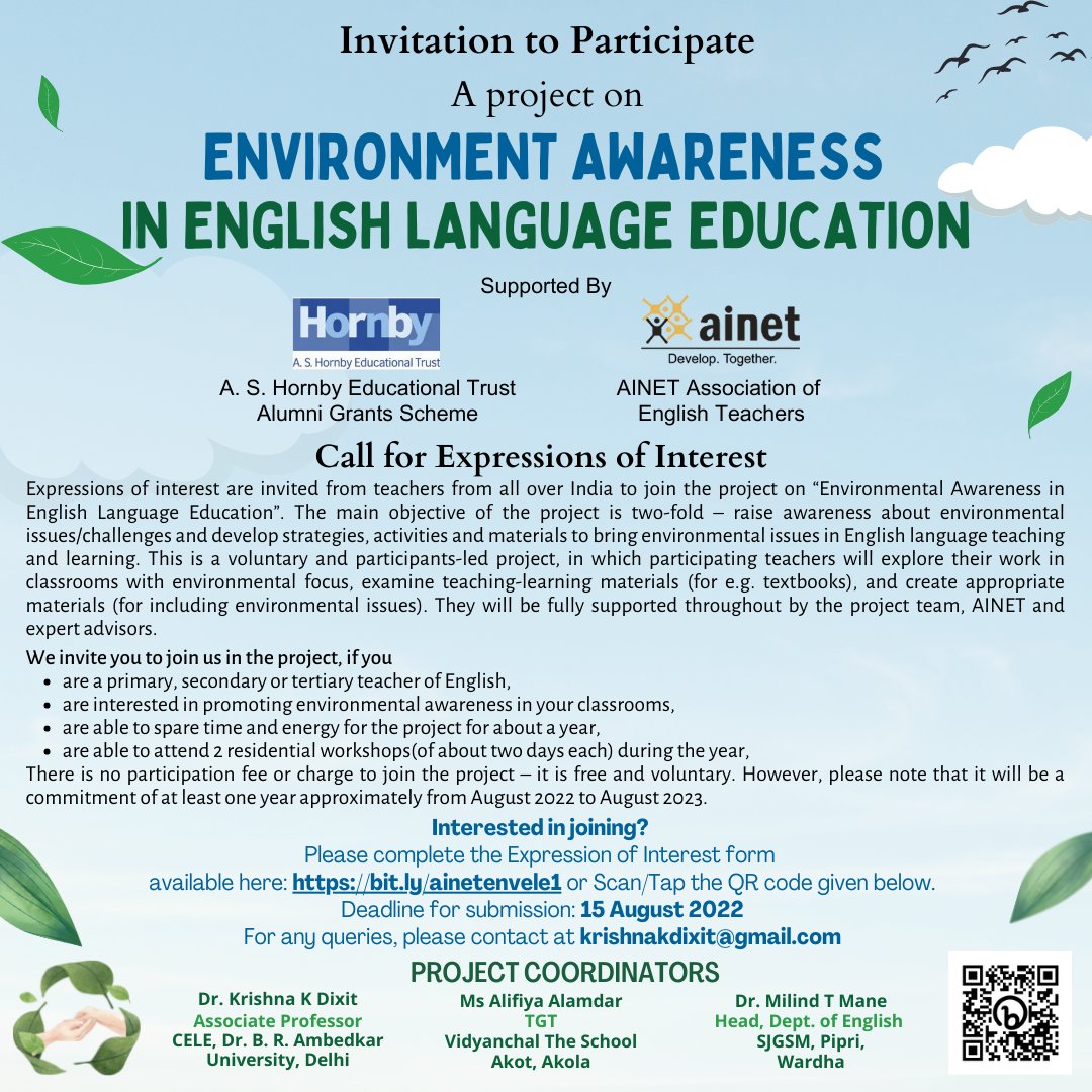 Interested in promoting environmental awareness in your classrooms &amp; ready to spare time/energy for a project on Environmental Awareness in English Language Education?
Apply by 15th August
Supported by Hornby Trust, UK and <a href="/ainetindia/">AINET</a>
#ainetconnect #envele
bit.ly/ainetenvele1