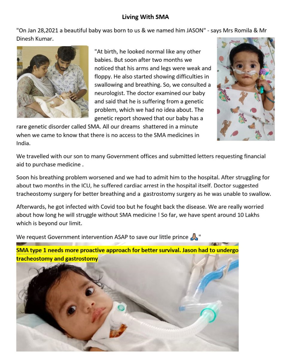 curesmaindia's tweet photo. #SMAawarenessMonth
Today's #SMAwarrior is Baby Jason (Type 1) from Tamil Nadu who started showing symptoms from 2 months of age. With excellent care &amp; proactive medical approach, the child survived respiratory infections and #COVID .His parents are trying to access #SMA medicines https://t.co/0qRJNh1VnJ