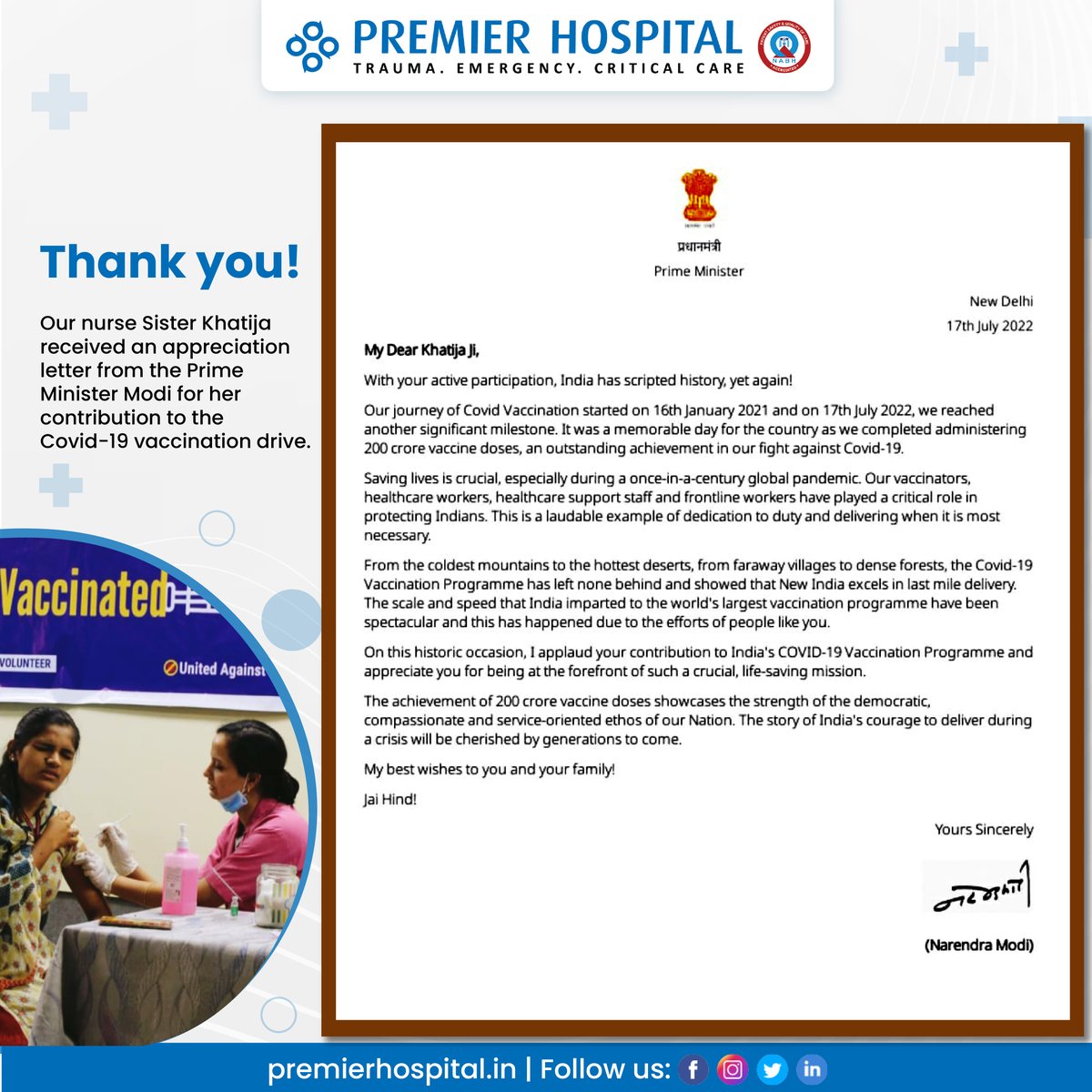 Our nurse Sister Khatija, who played a vital role in the Covid-19 vaccination drive, received an appreciation letter from Prime Minister Modi.

#covid19 #covidvaccination #indiaagianstcovid #covid #pmmodi #narendramodi #primeminister #hyderabadhospital #premierhospital