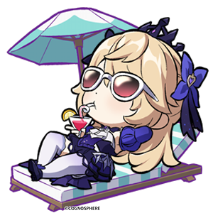 fischl (genshin impact) 1girl sunglasses chibi beach chair blonde hair drinking straw solo  illustration images