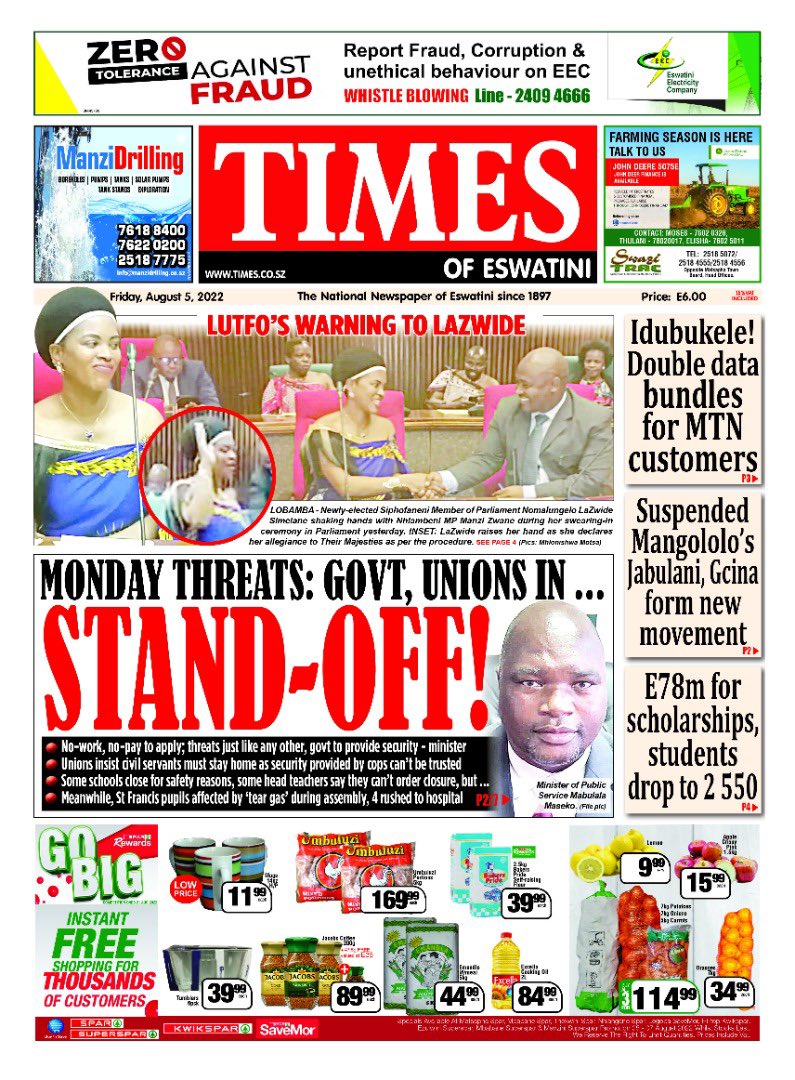 TimesOfEswatinE's tweet photo. #Times of #Eswatini #HeadlineNews #August 5, 2022. #threats #Monday #govt #unions #LutfoWarning #LaZwide #Mangololo #suspendedMembers #MtnUpdate #Data #pupils #teargas #scholarships #news #Sports https://t.co/CnSZbsU8Ih