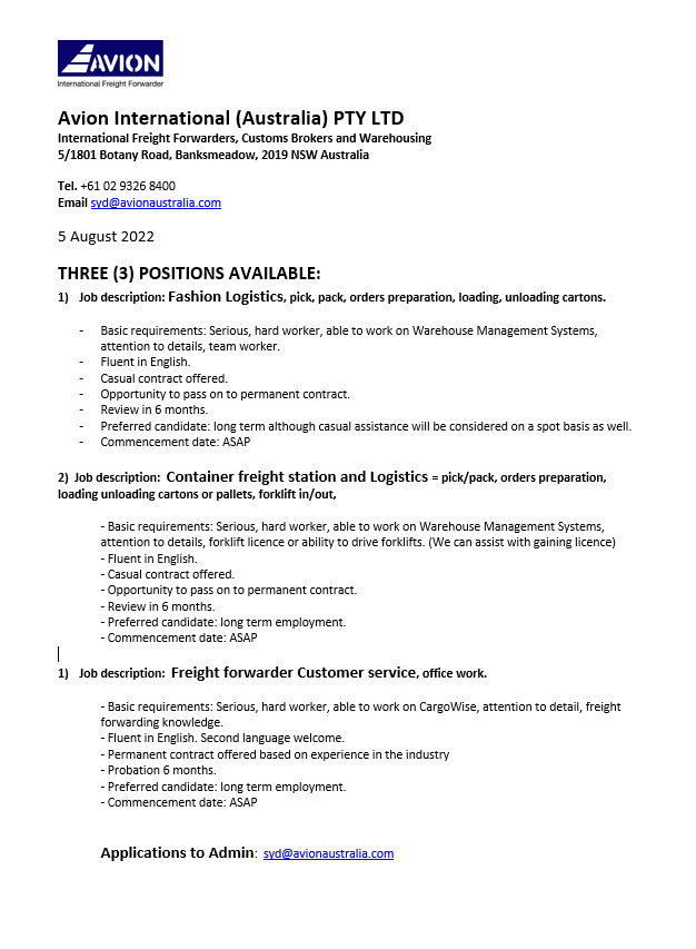 LanceScoular's tweet photo. THREE (3) POSITIONS AVAILABLE
Avion International (Australia) Pty Ltd
@MarcoViglietta
Banksmeadow Sydney NSW Australia
Fashion Logistics
Container freight station and Logistics
Freight forwarder Customer service
Details below
#positionsopen #logistics #freight #customerservice https://t.co/TzSm5TZ7g4
