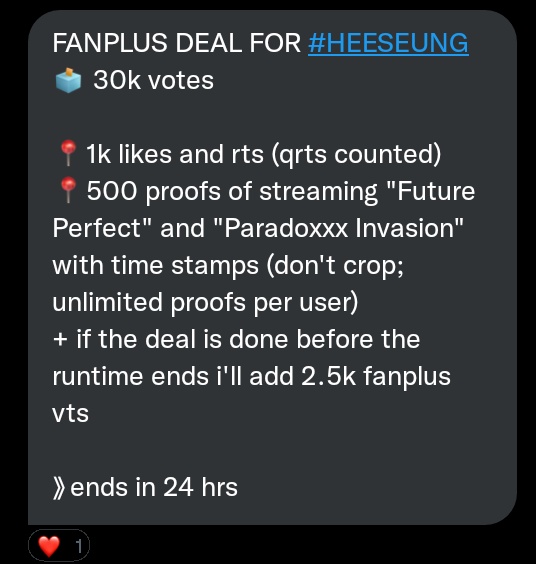 _jyangwon's tweet photo. FANPLUS DEAL FOR #HEESEUNG 
🗳 30k votes 

📍1k likes and rts (qrts counted)
📍500 proofs of streaming "Future Perfect" and "Paradoxxx Invasion" with time stamps (don't crop; unlimited proofs per user) | host: @noonamodez

》ends in 24 hrs 🚨 
#ENFuelUp #ENVOOSTERS https://t.co/b7OgO5NfUd