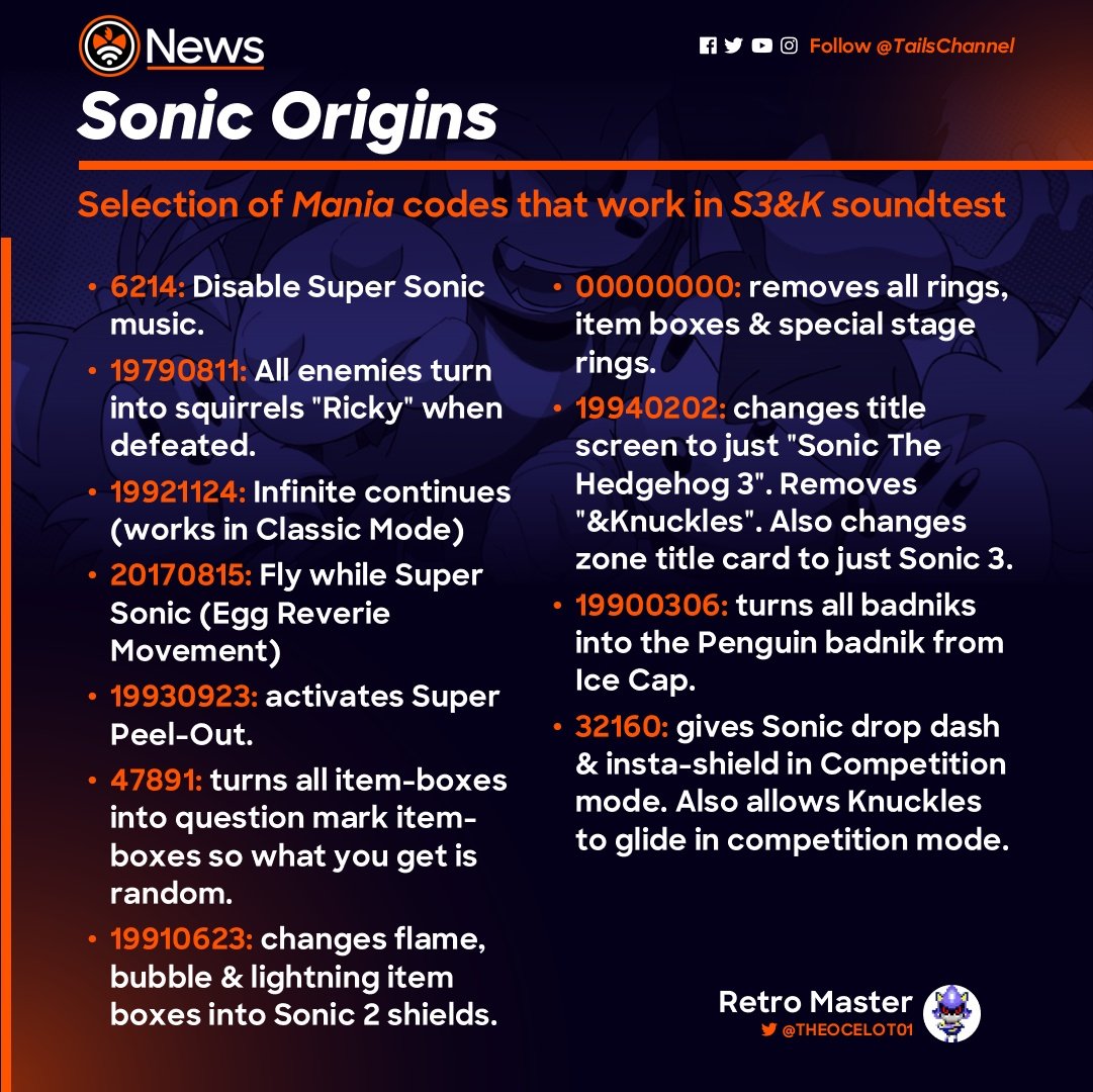 Tails' Channel, celebrating 15 years on X: A number of Sonic 3 & Knuckles  soundtest features were added in the latest update. @TheOcelot01 recapped  all the codes in the list below. #SonicNews