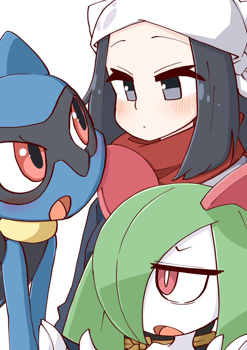 akari (pokemon) ,kirlia pokemon (creature) blush red scarf scarf black hair open mouth red eyes  illustration images