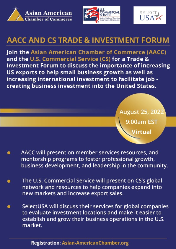 Asian American Chamber Of Commerce Register Now T Co An90ahl73r The cc Andthe U S Commercial Service Cs For A Trade Amp Investment Forum ccevents Asianamericanchamberofcommerce cc Smallbusiness Professionalgrowth