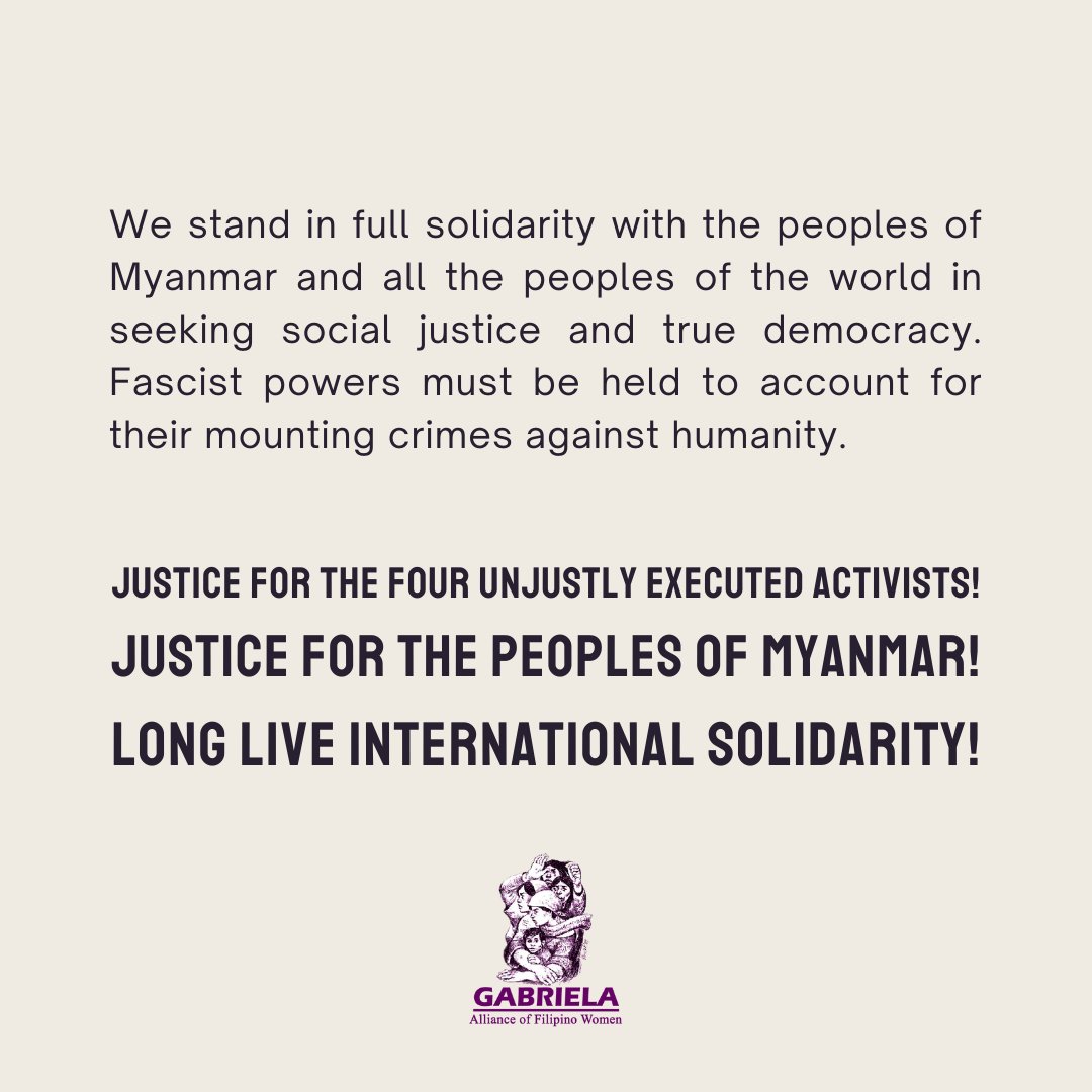 gabrielaphils's tweet photo. Justice for the four unjustly executed activists!
Justice for the peoples of Myanmar!
Long live international solidarity!
#WhatsHappeningInMyanmar
#StopExecutionInMyanmar https://t.co/tZKfobqZGm