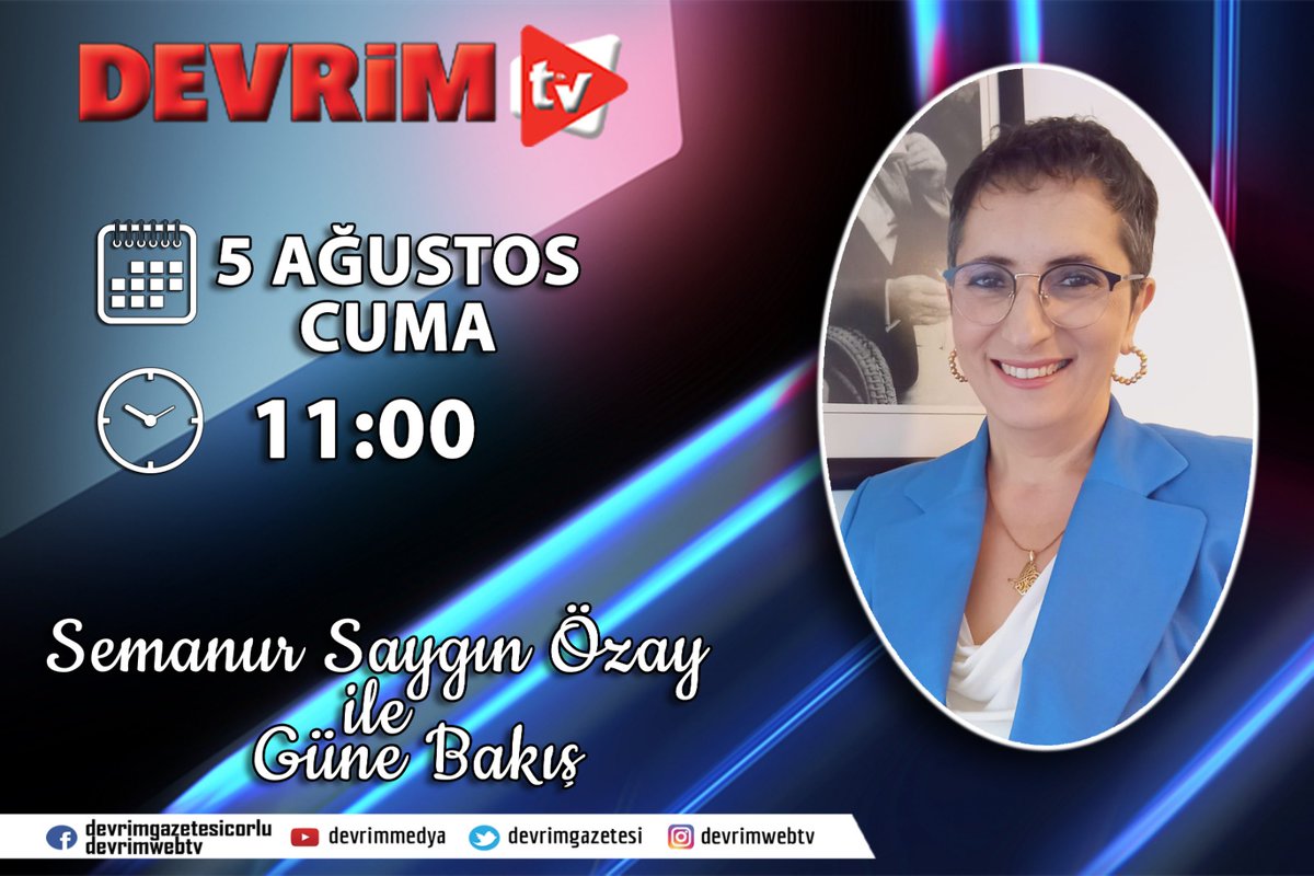 rak_trak's tweet photo. Usta gazeteci @semanurozay ile Güne Bakış Programinda yine birbirinden ilginç konular yer alacak. 
Çorlu'da ve Trakya'da  NELER DÖNÜYOR 🤔 konuşmak için ,haberlerden haberdar etmek için ekranlardayiz. 
📆Bugün
⏰ 11:00 
📺#Devrimwebtv de
@DevrimGazetesi https://t.co/B7wh6ZZiZK
