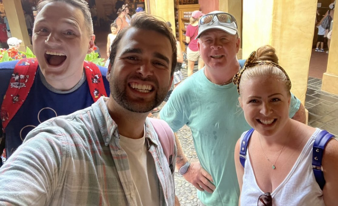 PritchLife's tweet photo. So lovely to bump into @adamhattan and @oohgaryc in the Magic Kingdom. I think I jinxed us by saying how brutal the heat was because an hour after this photo I looked like a drowned rat 😂😂 https://t.co/JqPSG5iZXZ
