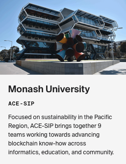 nonfungibleab's tweet photo. The ACE-SIP (Sustainability Informatics for the Pacific) is a multi-university team advancing blockchain research and education in environmental, governmental, and social sustainability in the Pacific Region, lead by @MonashUni #algoACE 2/3
‍ https://t.co/HeQ4ODOhLN