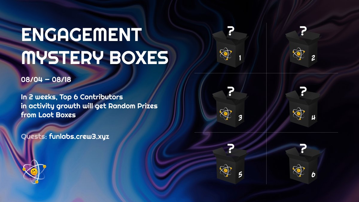 🎉 Engagement Mystery Boxes 🎉

2 weeks sprint starting now! Why 2 weeks this time? Because we are adding some other NFT collections! Such as <a href="/oddbIox/">oddblox</a>, <a href="/TheBullSoc/">The Bull Society 🔶🐂</a>, @Baked_Universe_, and more!

6 winners. Prizes reveal in a week!

Join — funlabs.crew3.xyz