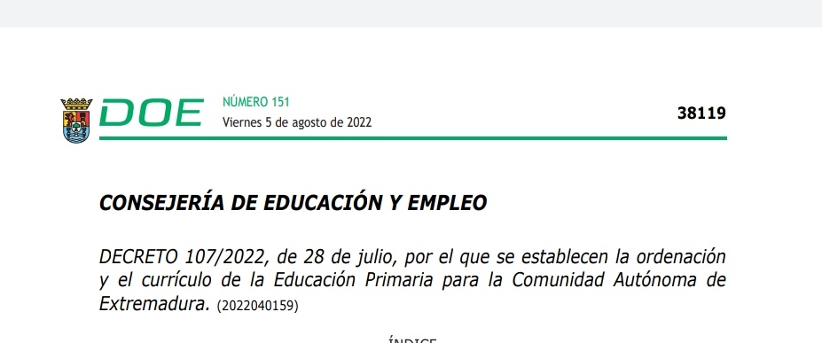 juanracb's tweet photo. Una cosa es estar listo y otra publicarlo, debe ser....
Decreto 107/2022, de 28 de julio, por el que se establecen la ordenación y el currículo de la Educación Primaria para la Comunidad Autónoma de Extremadura.
#porfin #yallego #curriculum #primaria #lomloe #extremadura https://t.co/flT3cpI1Ek