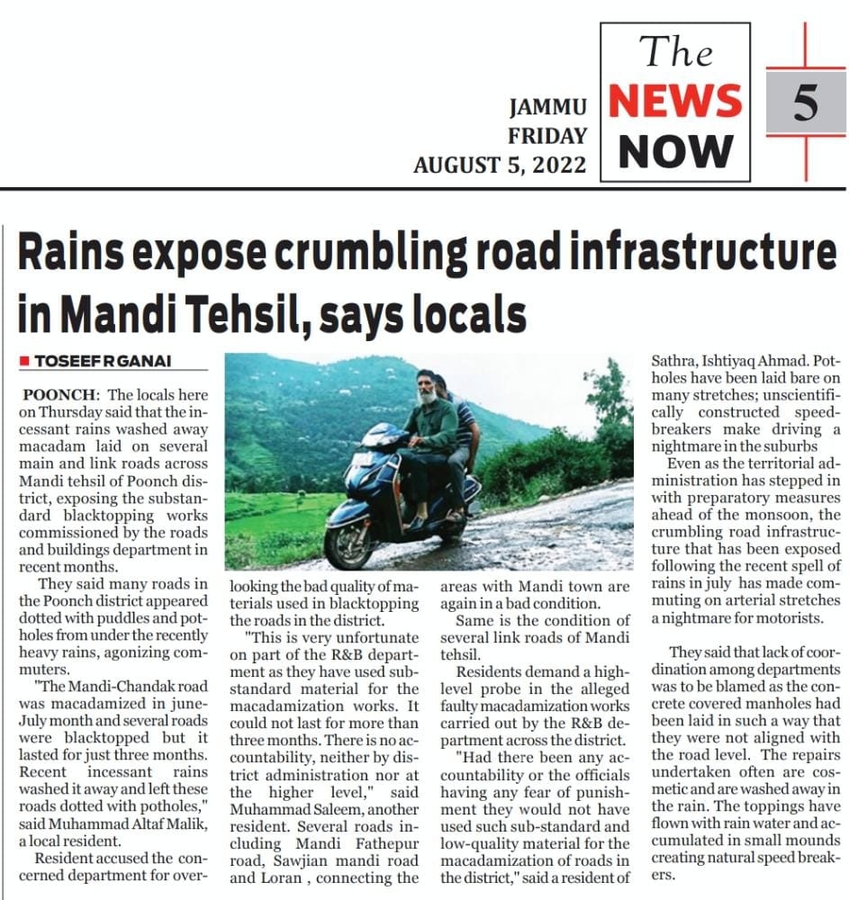 ToseefGanai's tweet photo. Rains expose crumbling road infrastructure In Mandi Tehsil.
Bumpy rides: Moonsoon exposes substandard blacktopping across Poonch
Toseef R Ganai
#Groundreporting #Dmpoonch #Lgoffice #Divcomjammu #Dcpoonch #Pwd #Moonsoon #Damage #Expose #journalism #Fearlessreporting https://t.co/aGpFmyvp85