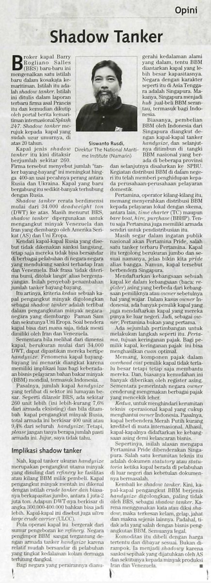 NamarinJakarta's tweet photo. Tulisan terbaru Dir @Srusdi di koran Kontan ttg #shadowtanker Sila disimak. https://t.co/GSXHESa2xW