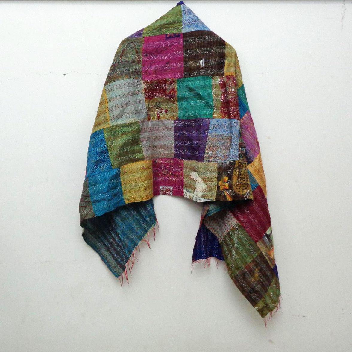 Handmade patchwork long Silk Kantha Scarf Head Wrap Stole veil Hand Quilted Women Shawl Stitched KT97