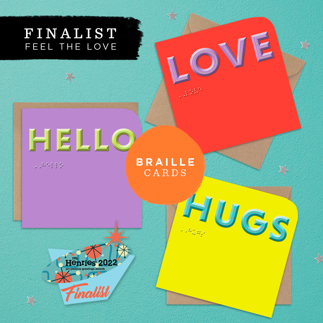 HallmarkUKI's tweet photo. We’re delighted to share that our Feel the Love range is a #Henries Finalist for the Best Diversity and Inclusion Range award! This innovative collection was created with braille as a key feature, alongside embossed and textured designs, to create a beautiful &amp; accessible range💗 https://t.co/Cq1ghvaXk5