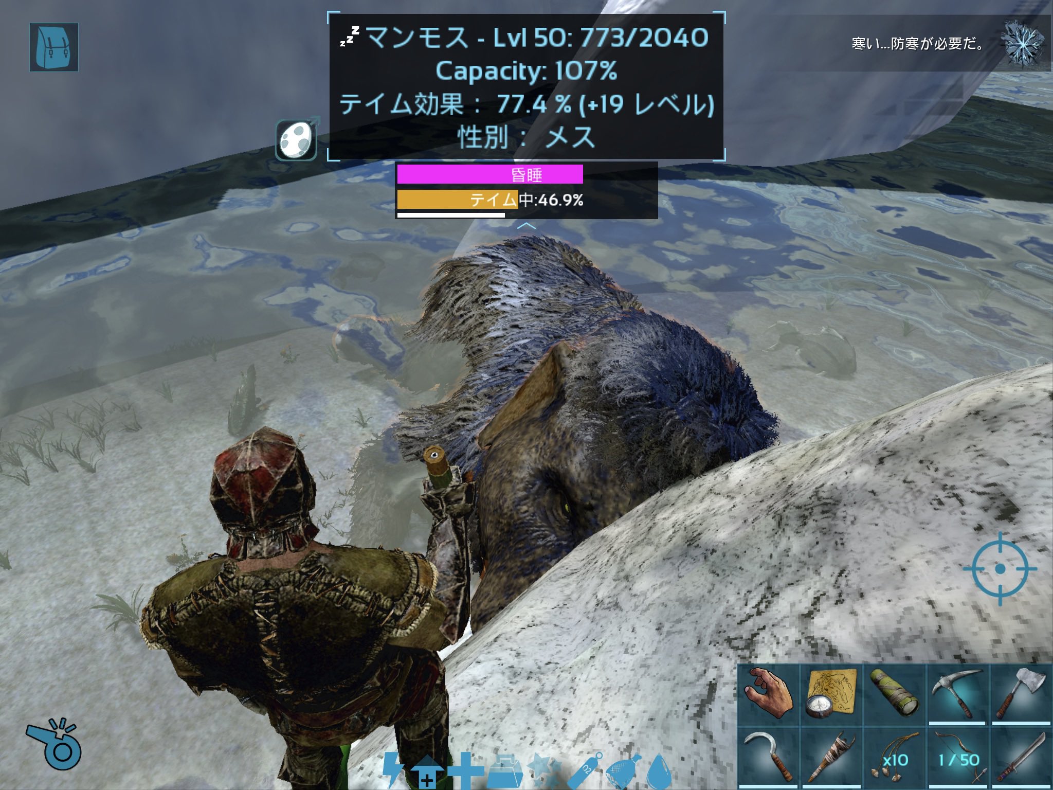 弱風 極夜 マンモステイム これで木材集めがめっちゃ楽になった 雪山近くスタートだと初期からマンモステイムできるのは大きな利点だなって思った 麻酔矢1本多く撃ってテイムボーナス下がったけど とりあえずしばらくはこの子使います いつか余裕