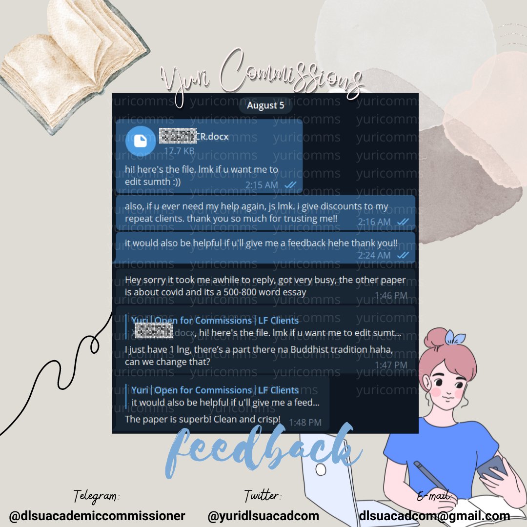 yuridlsuacadcom's tweet image. feedback from my repeat client 🥹 so glad na nasatisfy sya sa gawa ko and may pinagawa pa sya ulit na another paper 🫶🏽🫶🏽

#yuricommsfeedback

🏷️ lf commission commissioner academic essay module accounting research infograph layout tutor thesis chapter 1 2 3 4 5 pagawa pasalo
