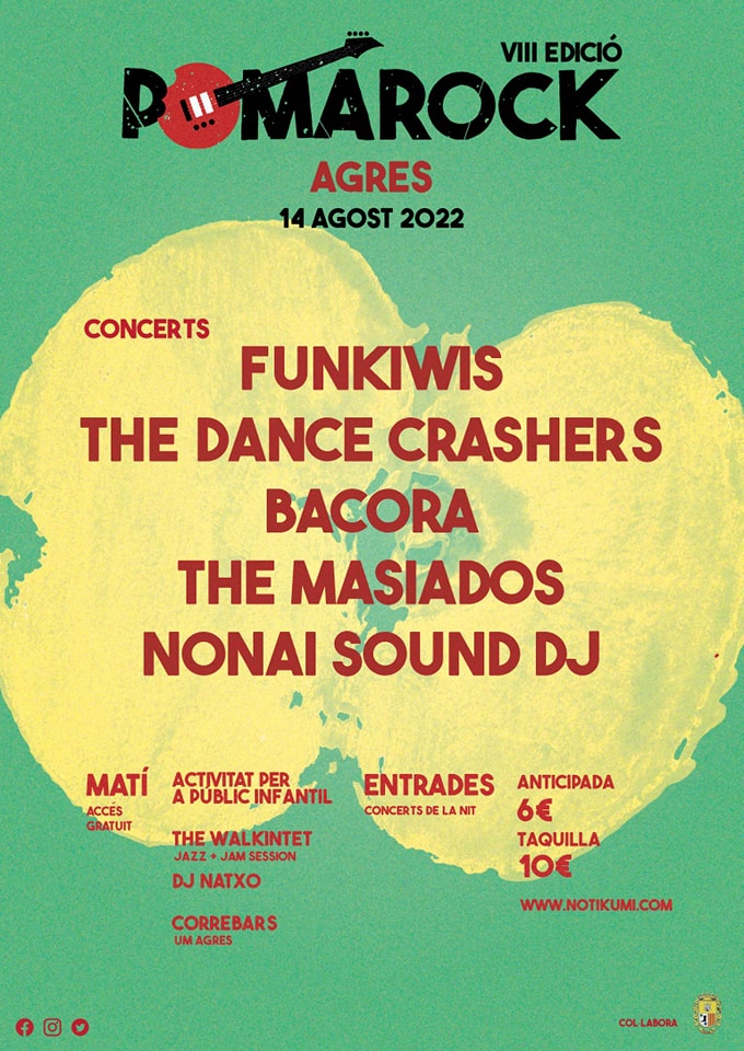 AssSerraMariola's tweet photo. El festival #POMAROCK 🍏🎤d’Agres torna a l’Assut aquest dissabte 14 d’agost amb un cartell ben atractiu: #Funkiwis, #TheDanceCrashers, #Bacora, #TheMasiados i #NonaiSound. Al matí correbar, jam session i activitats per als menuts. Una jornada intensa!!! https://t.co/uhQXBcP4Cm