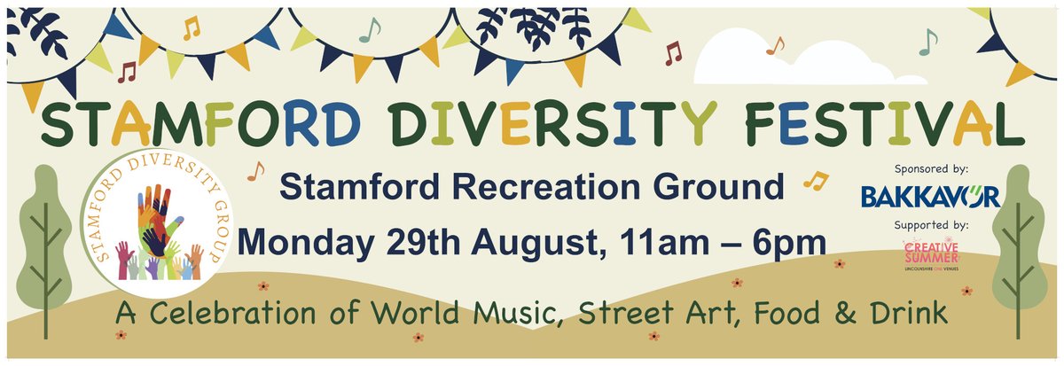 StamfordDFest's tweet photo. Stamford Diversity Festival
Dates: 29 August 2022 at Recreation Ground
A Celebration of World Music, Food &amp; Drink and Street Art. 
Everyone Welcome!
#SDF2022 Sponsored by @bakkavor #bakkavor #diversity #stamford. https://t.co/HOT3pYKOzf