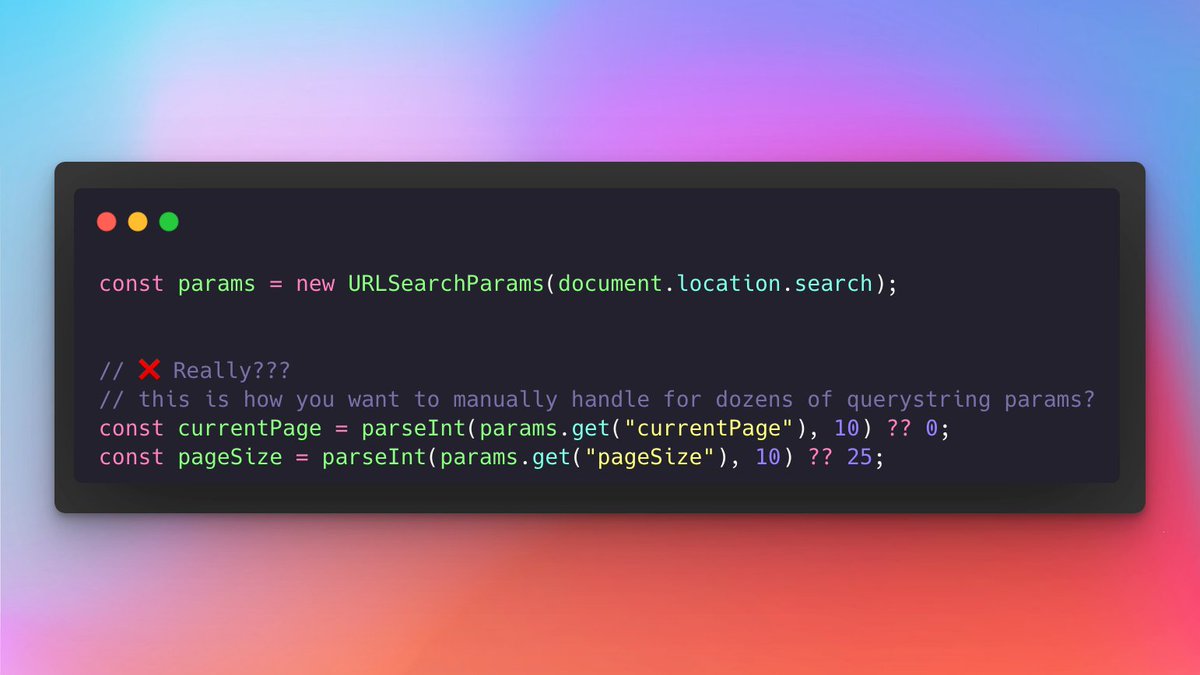 sebastienlorber's tweet photo. 💡 QueryString pro tips:

❌ Don't use URLSearchParams for advanced use cases

✅ Do this instead:

- qs to serialize/deserialize nested objects
- yup/zod schema to validate object shape 
- Setup auto schema type coercion: "42" ➡️ 42
- Apply defaults
...

https://t.co/sGhZlUkFTT https://t.co/qZyLGfOMBu