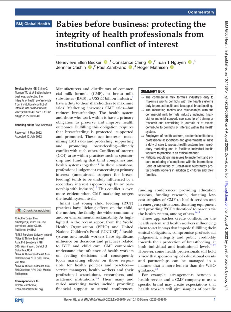 Just in time for #WBW2022! Please read and share our new Commentary in @GlobalHealthBMJ on conflicts of interest between the commercial milk formula industry and health professionals. Read: gh.bmj.com/content/7/8/e0… @MathisenRoger @cashin_jennifer @CONSTANCECHING4 @TuanNguyenMLE