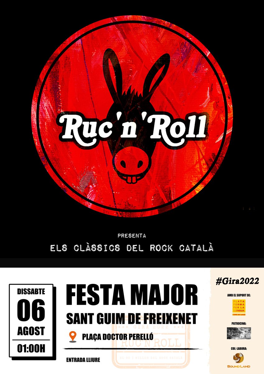 ruc_n_roll's tweet photo. 📣📣 DEMÀ‼️

🗓 Dissabte 6 d'agost
⏰ 01:00h
📍 Sant Guim de Freixenet

👉 ENTRADA LLIURE

.
.
.

~ RUC'N'ROLL | #Gira2022 ~
El bo i millor del #RockCatalà!!

#LLENGUA
#CULTURA
#LLIBERTAT

#RUC | #ASE | #BURRO 

o o 🎶🎶 🐴 🎶🎶 o o https://t.co/XmBsI0D63Q