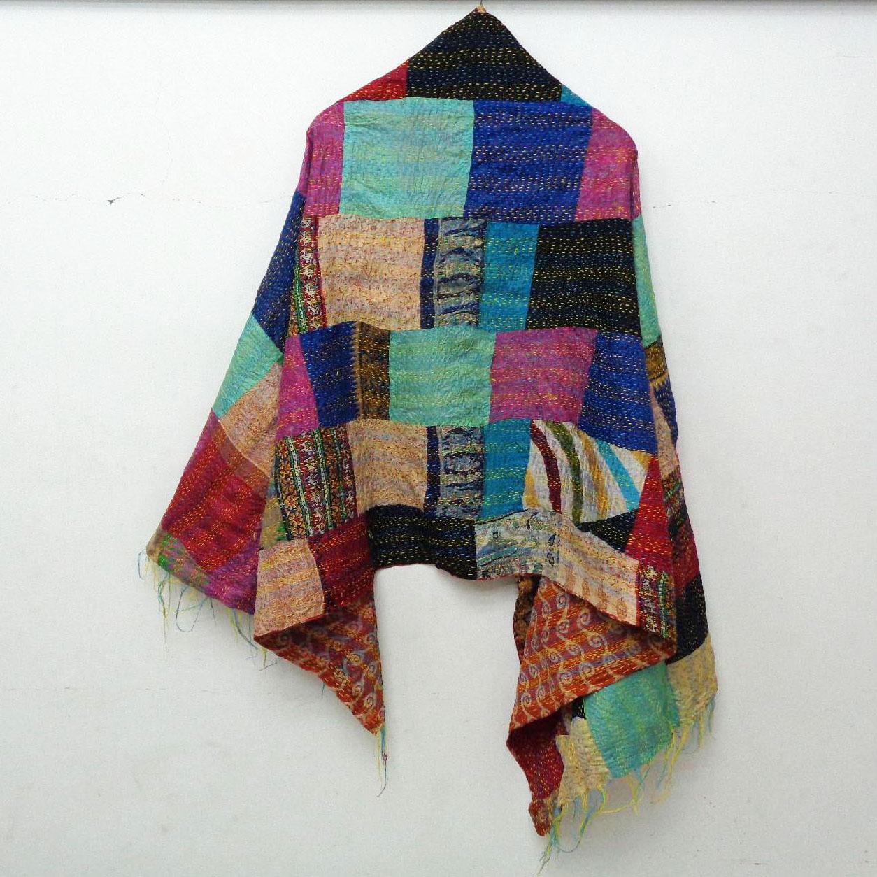 Handmade patchwork long Silk Kantha Scarf Head Wrap Stole Dupatta Hand Quilted Women Bandanas headband KT75