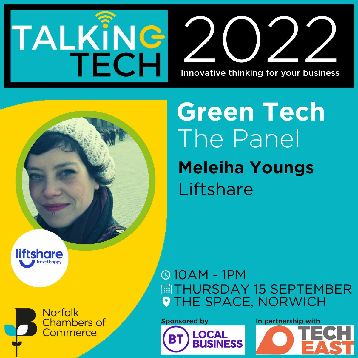 Meleiha Youngs from <a href="/Liftshare/">Liftshare</a> 

View more about our Green Tech Panellists below 
norfolkchamber.co.uk/talking-tech-2…

#TalkingTech22
Sponsored by BT Local Business Norfolk &amp; Suffolk