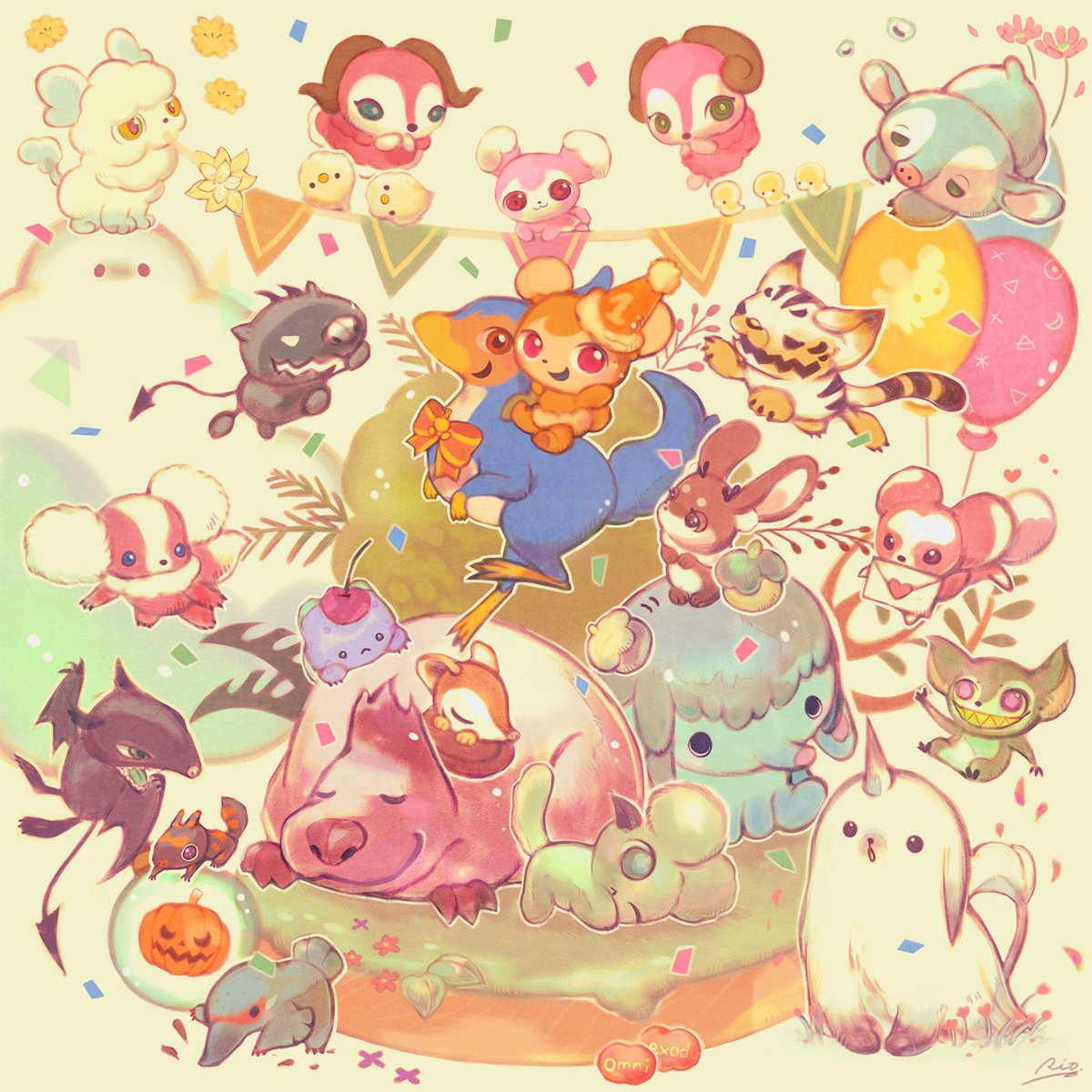 no humans balloon horns pokemon (creature) smile bird confetti  illustration images
