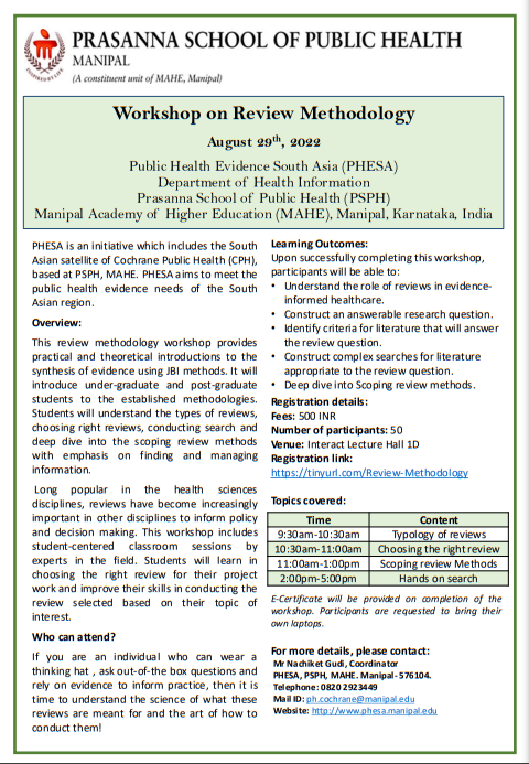 Workshop Alert: @phesa_manipal is organizing a one-day workshop on 'Review Methodology'. Please read the attached flyer for more information. Registration link: tinyurl.com/Review-Methodo… @GudiNachiket, @psph_mahe, @MAHE_Manipal, @DoRMAHE_Manipal