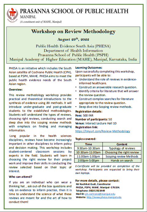 Public Health Evidence South Asia (@phesa_manipal) on Twitter photo Workshop Alert: <a href="/phesa_manipal/">Public Health Evidence South Asia</a> is organizing a one-day workshop on "Review Methodology".
Please read the attached flyer for more information.
Registration link:
tinyurl.com/Review-Methodo…
<a href="/GudiNachiket/">Nachiket Gudi (ನಚಿಕೇತ ಗುಡಿ)</a>, <a href="/psph_mahe/">Prasanna School of Public Health</a>, <a href="/MAHE_Manipal/">Manipal Academy of Higher Education</a>, <a href="/DoRMAHE_Manipal/">Directorate of Research, MAHE, Manipal</a> Workshop Alert: <a href="/phesa_manipal/">Public Health Evidence South Asia</a> is organizing a one-day workshop on "Review Methodology".
Please read the attached flyer for more information.
Registration link:
tinyurl.com/Review-Methodo…
<a href="/GudiNachiket/">Nachiket Gudi (ನಚಿಕೇತ ಗುಡಿ)</a>, <a href="/psph_mahe/">Prasanna School of Public Health</a>, <a href="/MAHE_Manipal/">Manipal Academy of Higher Education</a>, <a href="/DoRMAHE_Manipal/">Directorate of Research, MAHE, Manipal</a>