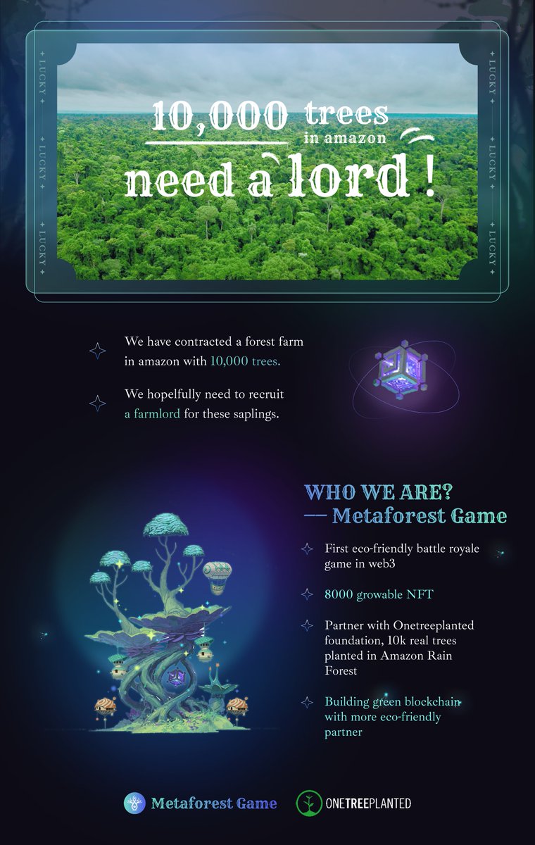 HOT!! 1000 trees in Amazon Rainforest need a lord!🌳

Become our forestlord or earn a place on our wl! Metaforest Game has already sponsored a forest farm of 10,000 saplings.

To enter：
❤️+Rt+Comment your forestlord manifesto👨‍🌾

Good things will happen!🍀

#NFTGiveaway #Gamefi